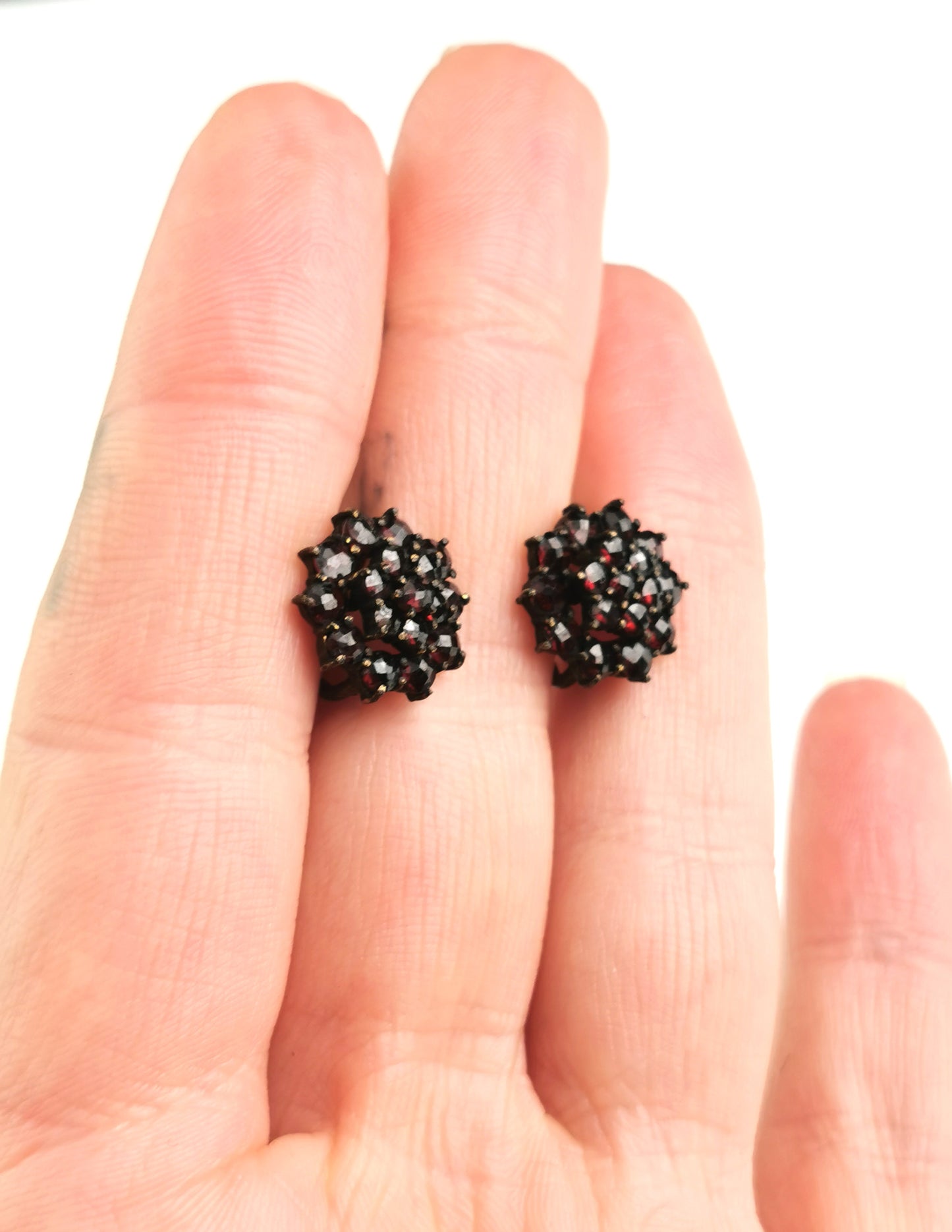 Vintage Bohemian garnet cluster earrings, gilt metal, Screw back