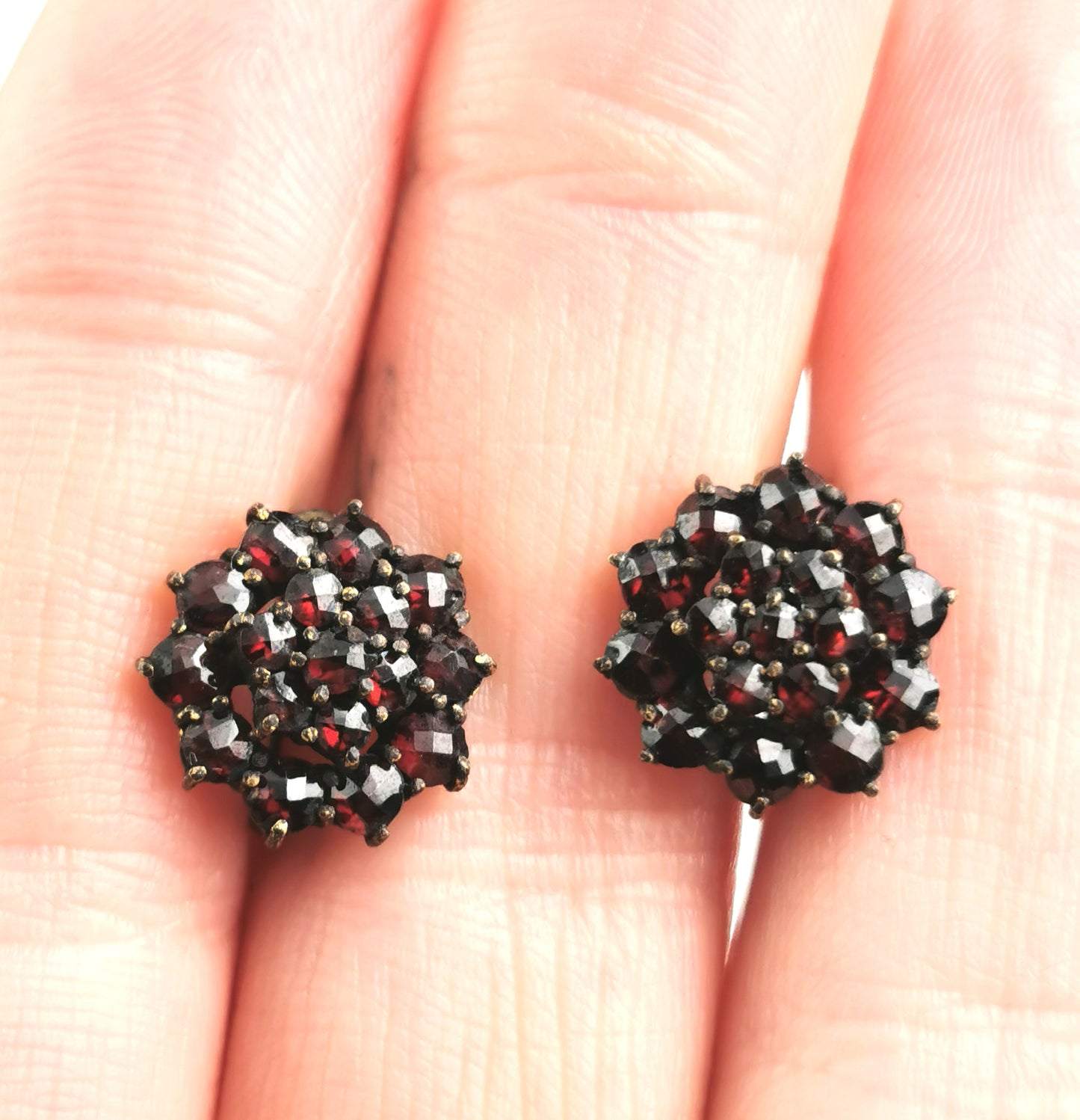 Vintage Bohemian garnet cluster earrings, gilt metal, Screw back