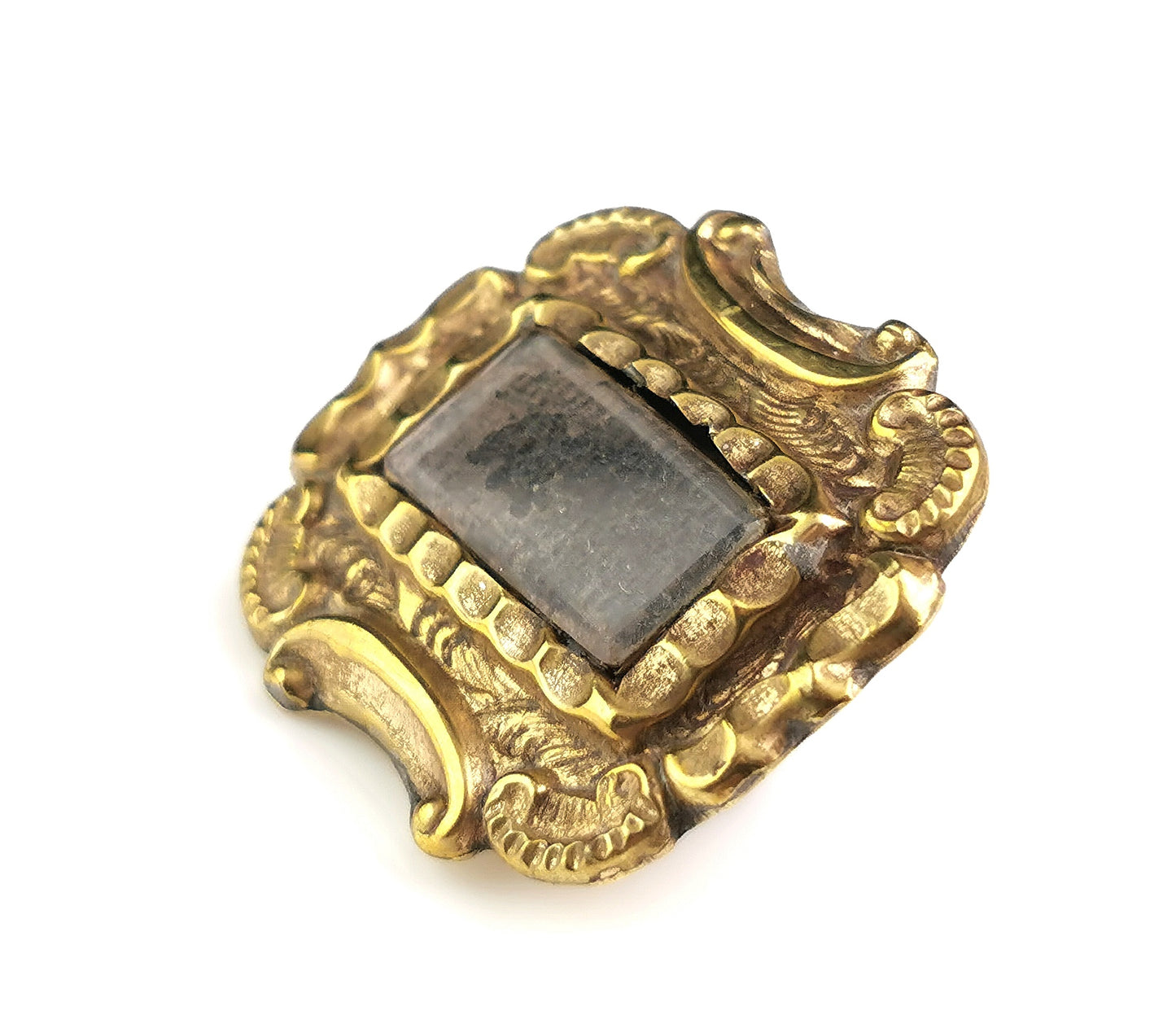 Antique Victorian mourning brooch, gilt metal and hairwork