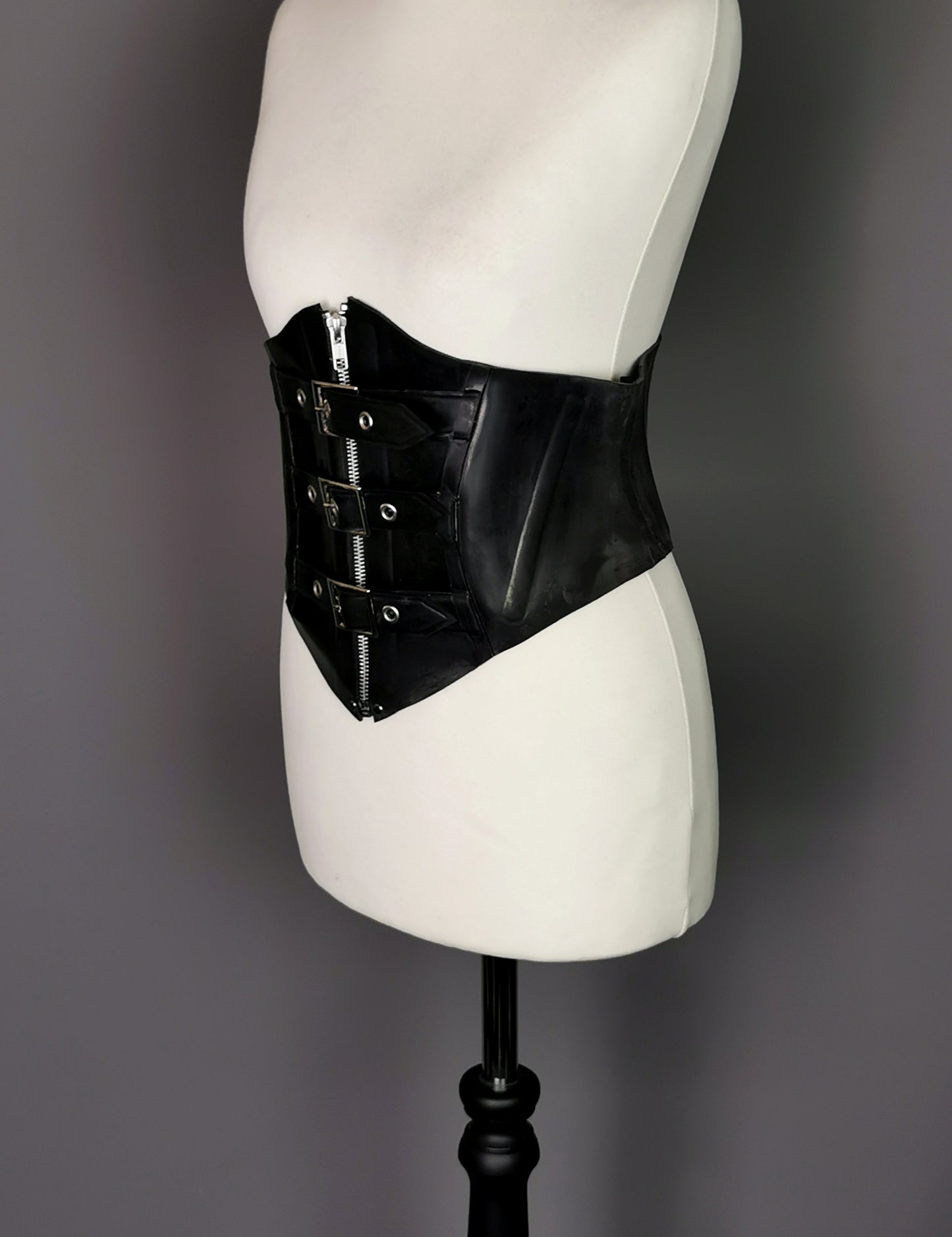 Vintage Latex corset waist cincher belt, Buckles and zip