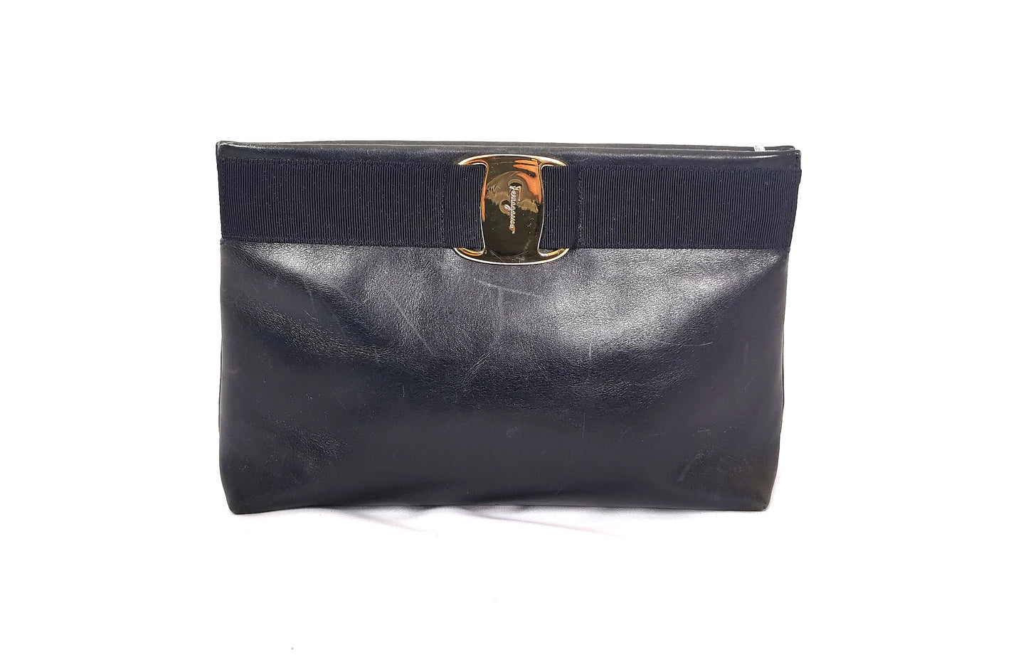 Vintage Salvatore Ferragamo navy leather handbag, clutch, shoulder strap