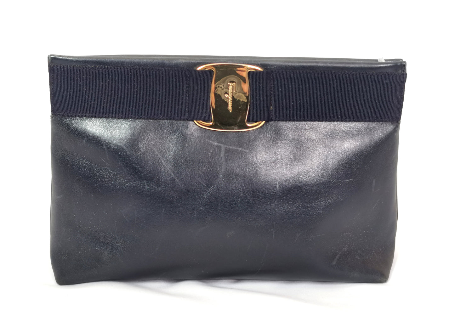 Vintage Salvatore Ferragamo navy leather handbag, clutch, shoulder strap