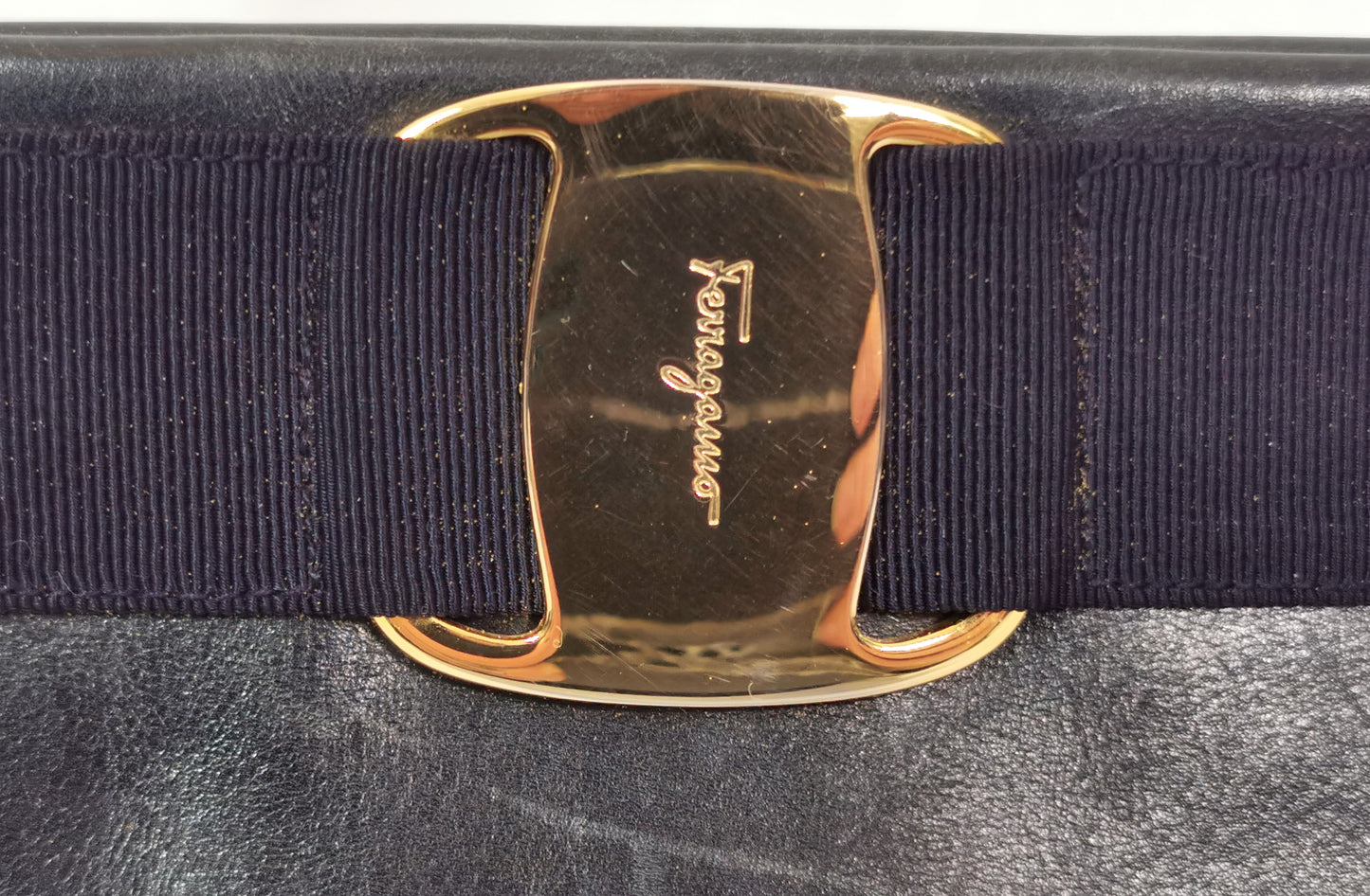 Vintage Salvatore Ferragamo navy leather handbag, clutch, shoulder strap