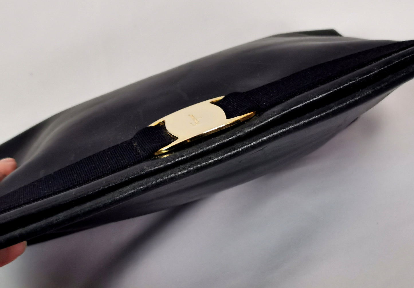Vintage Salvatore Ferragamo navy leather handbag, clutch, shoulder strap