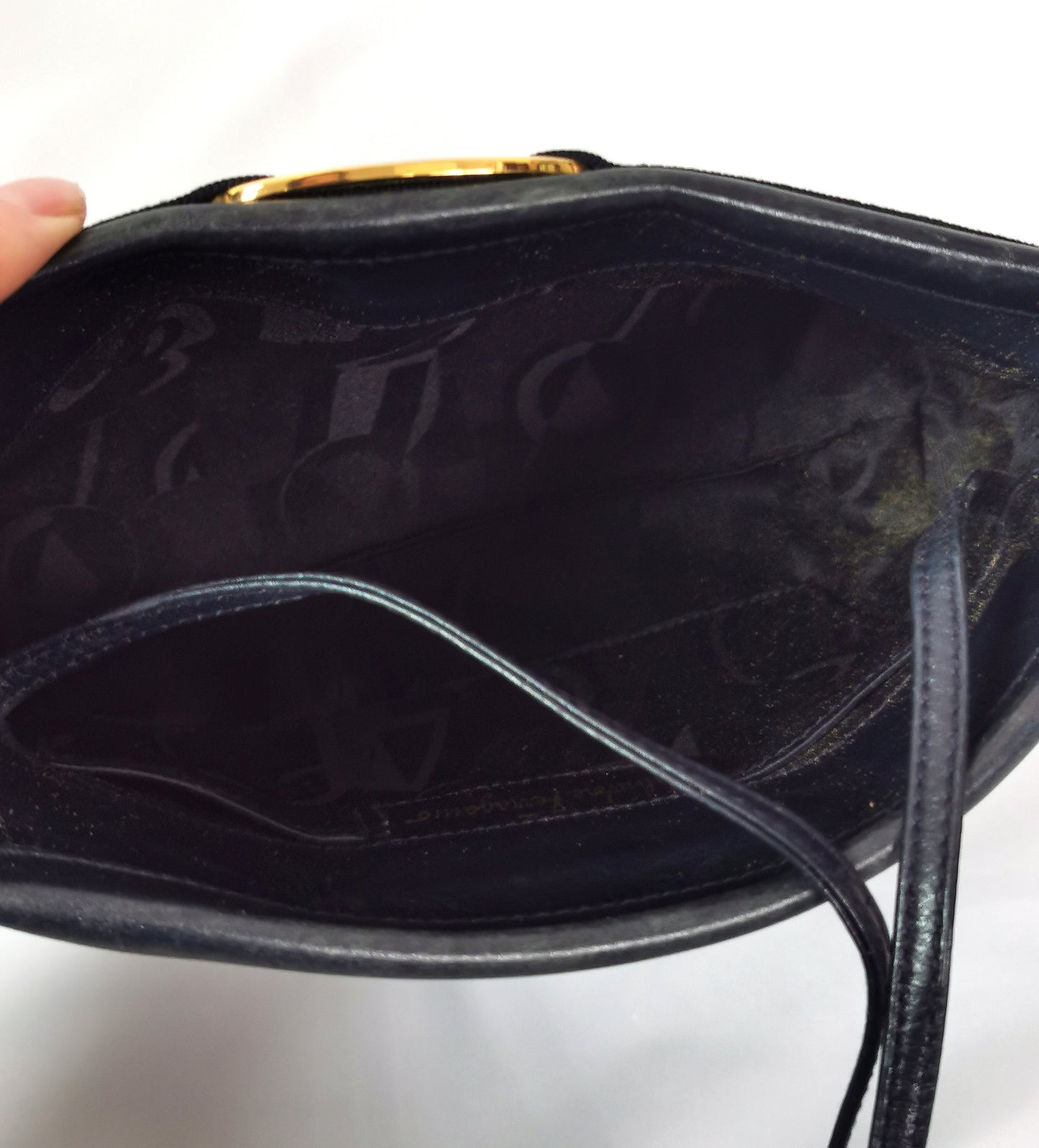 Vintage Salvatore Ferragamo navy leather handbag, clutch, shoulder strap