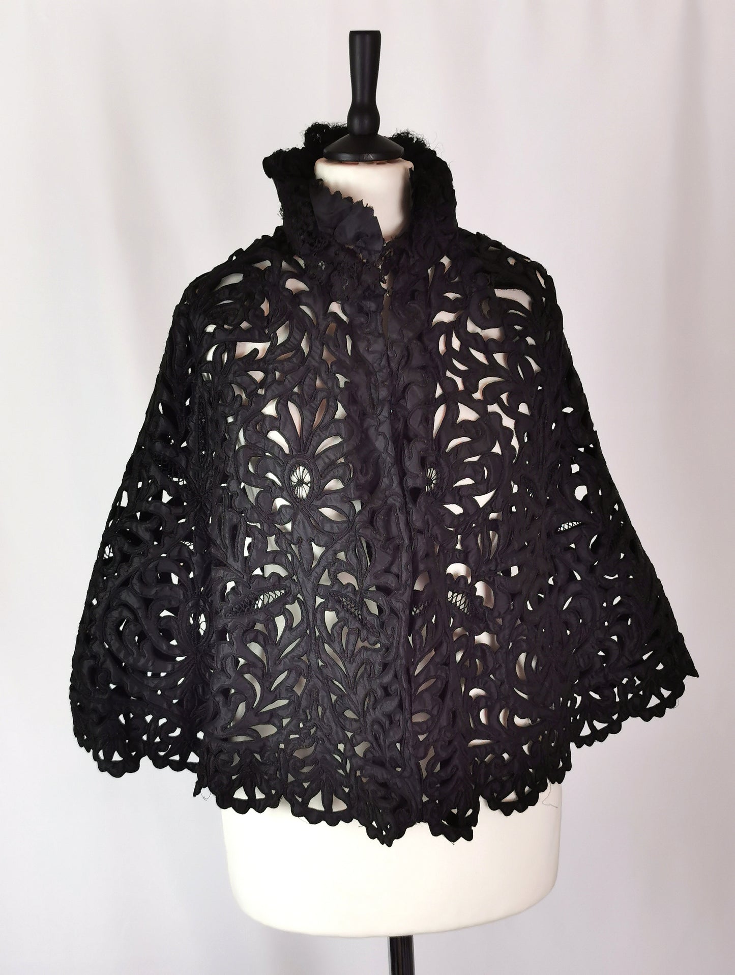 Antique Victorian mourning cape, black tape lace