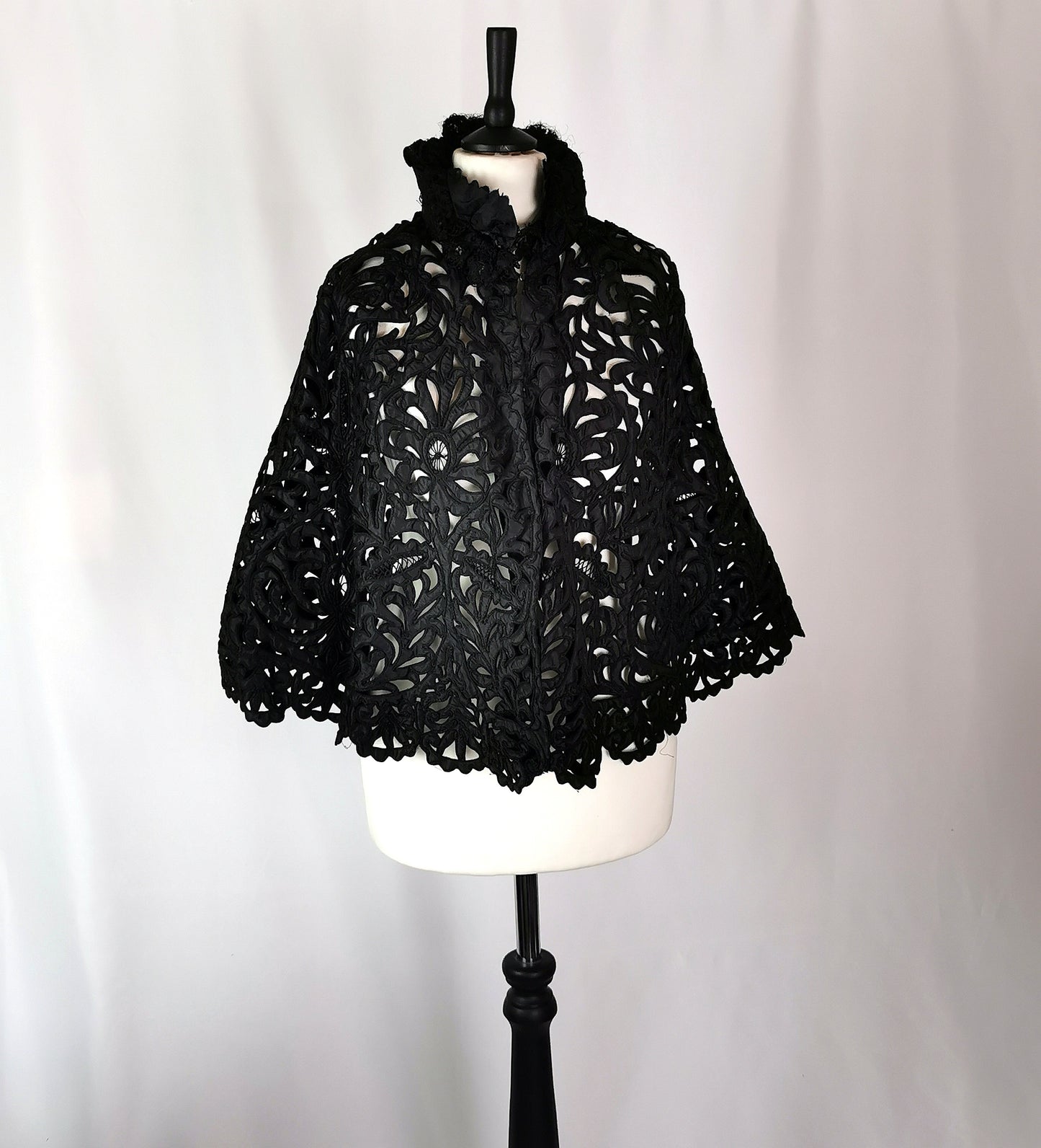 Antique Victorian mourning cape, black tape lace
