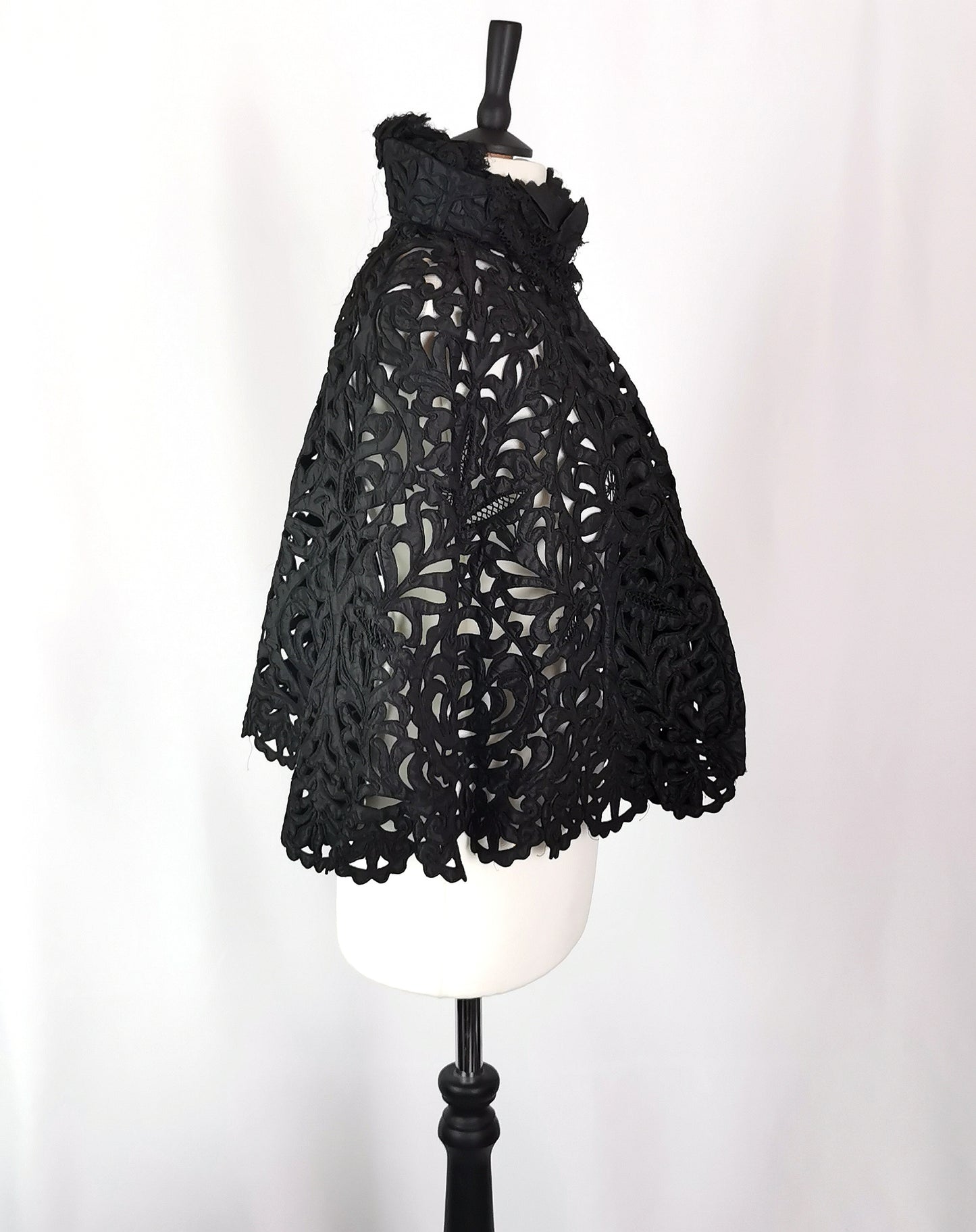 Antique Victorian mourning cape, black tape lace