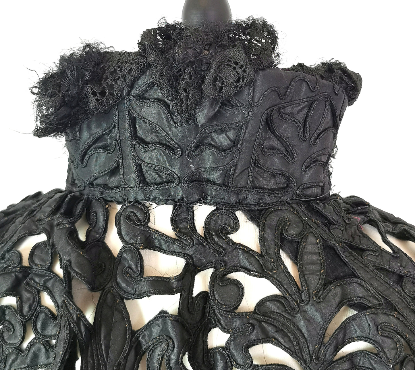 Antique Victorian mourning cape, black tape lace