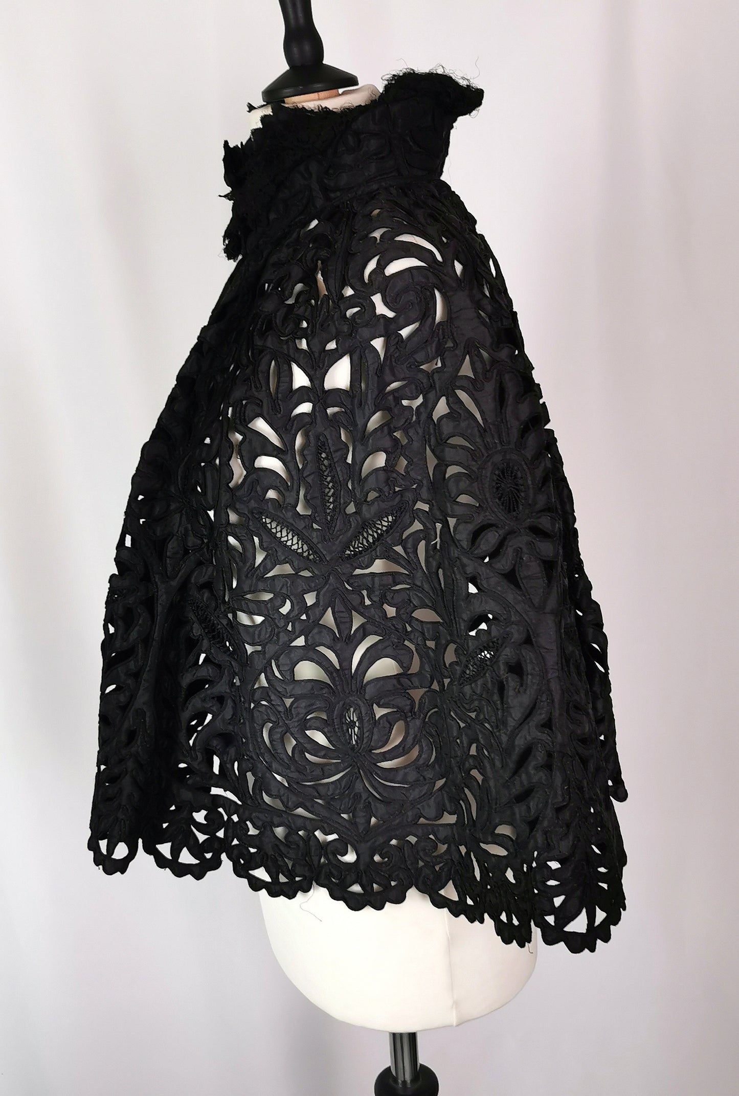 Antique Victorian mourning cape, black tape lace