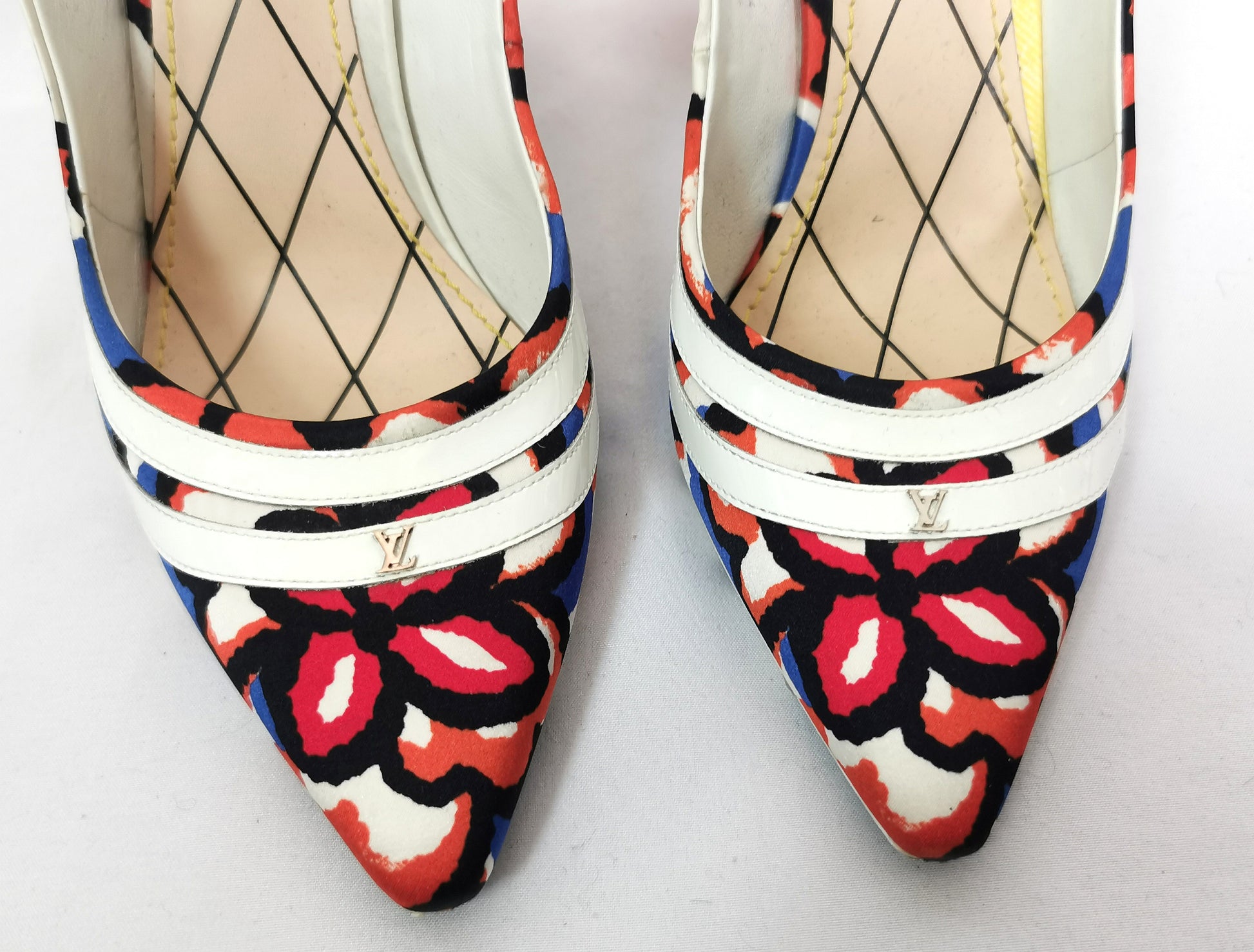 Louis Vuitton Multicolour Satin Floral Ankle Strap Block Heels