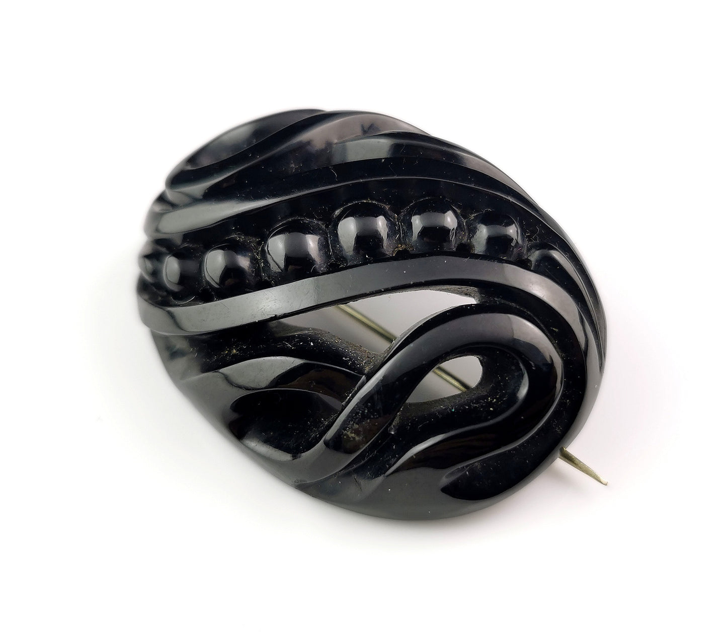 Antique Victorian Whitby Jet oval brooch, large