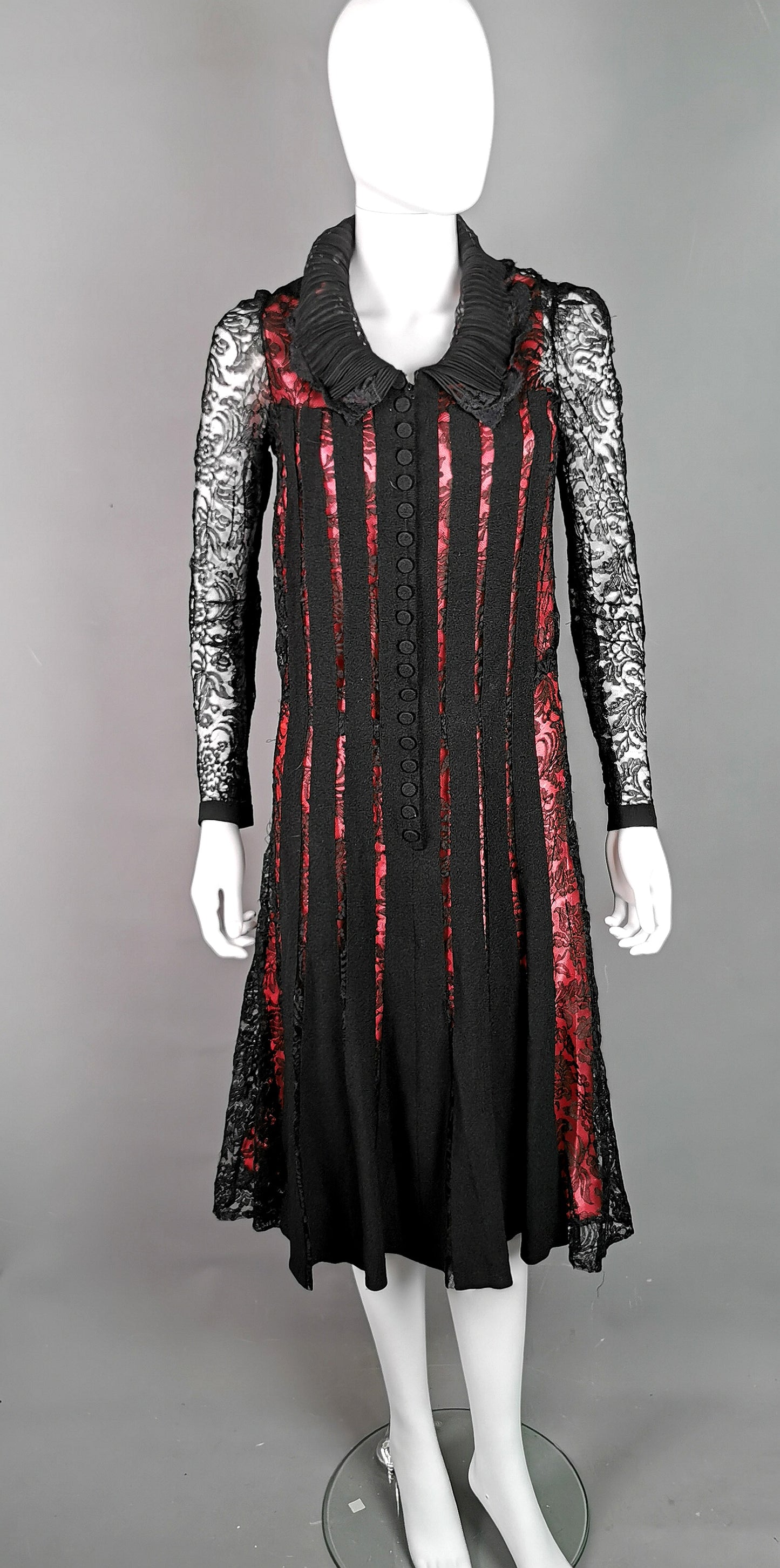 Vintage 1930s Black lace evening dress, Salmon pink slip