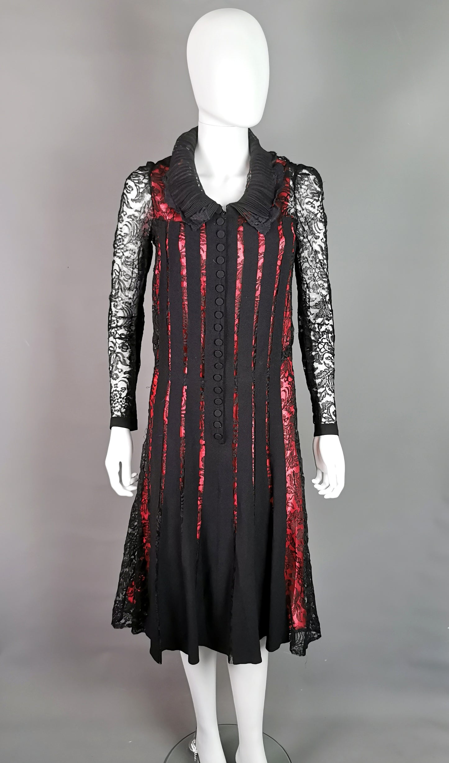Vintage 1930s Black lace evening dress, Salmon pink slip