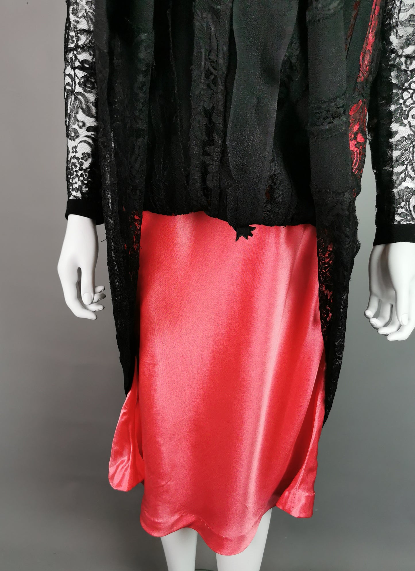 Vintage 1930s Black lace evening dress, Salmon pink slip