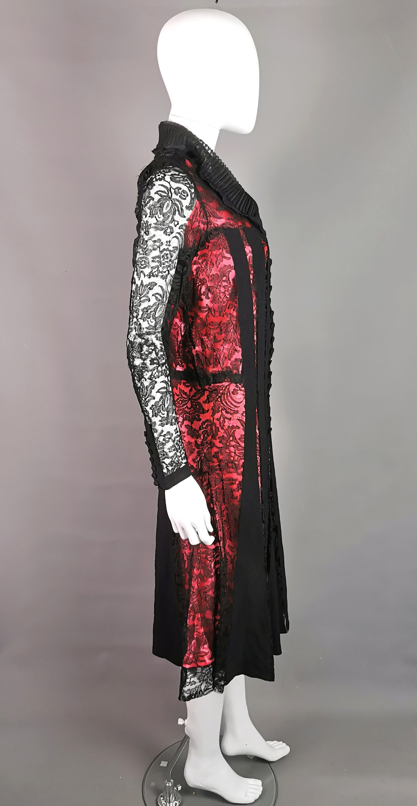 Vintage 1930s Black lace evening dress, Salmon pink slip