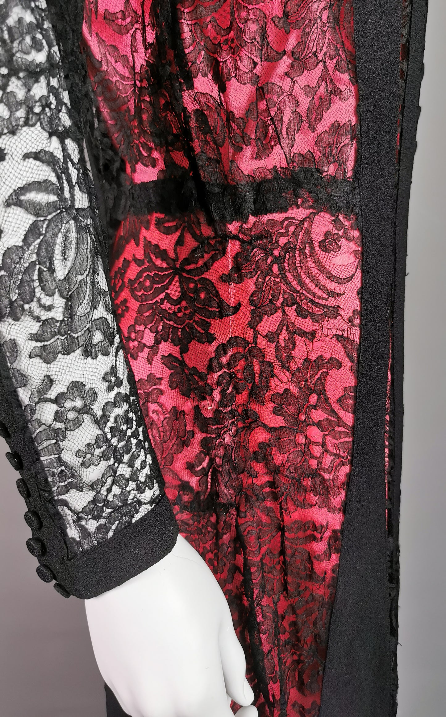Vintage 1930s Black lace evening dress, Salmon pink slip