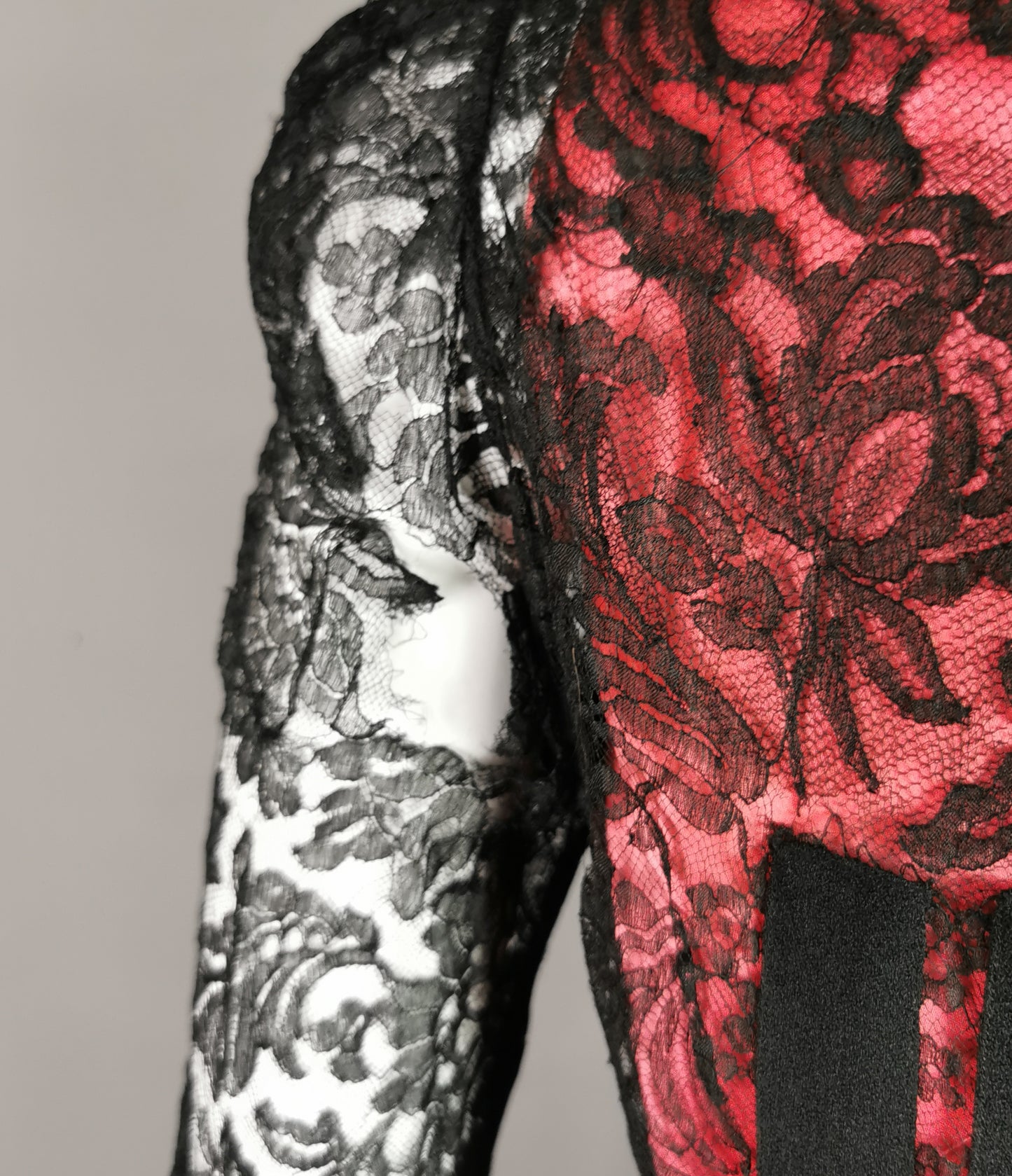 Vintage 1930s Black lace evening dress, Salmon pink slip