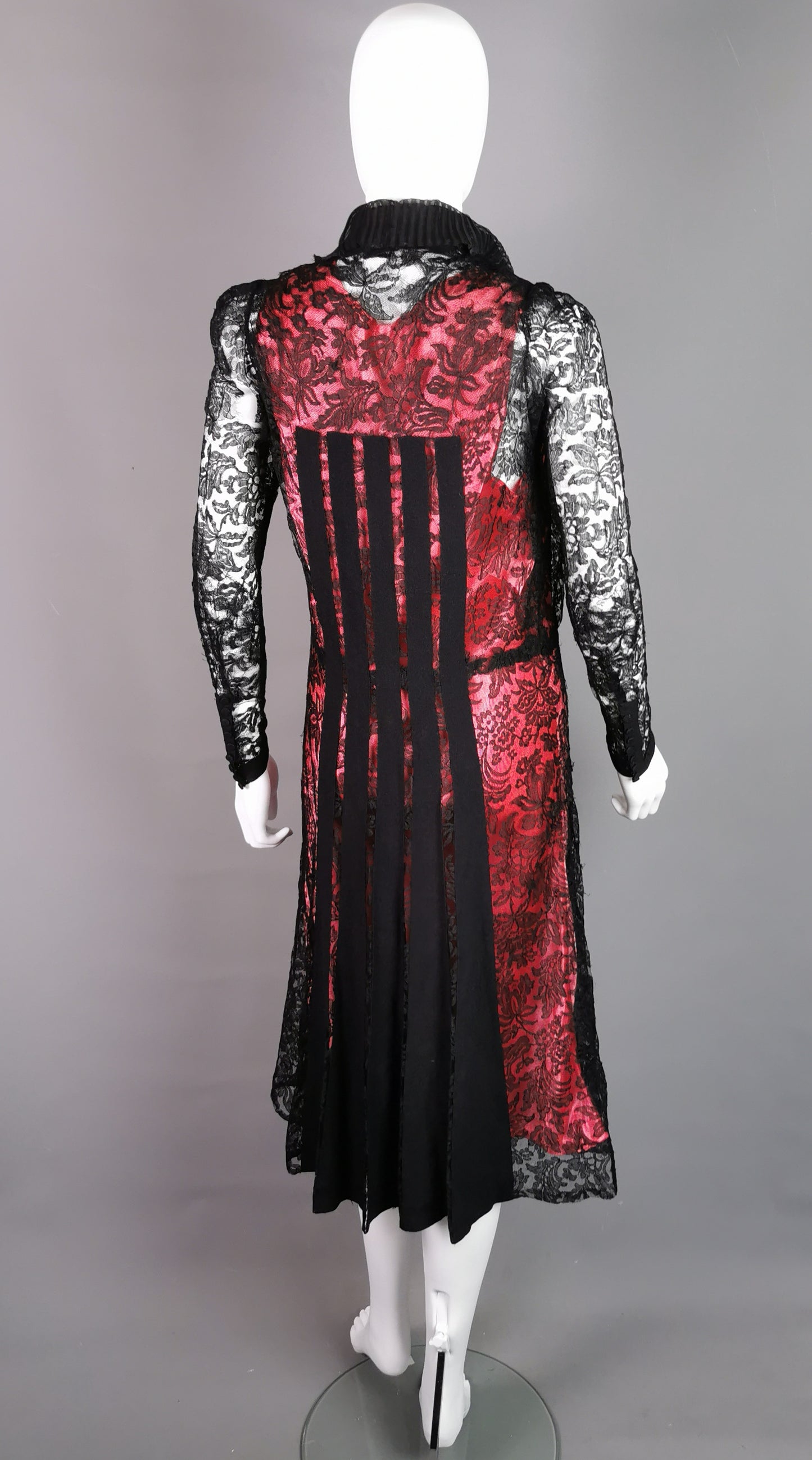 Vintage 1930s Black lace evening dress, Salmon pink slip