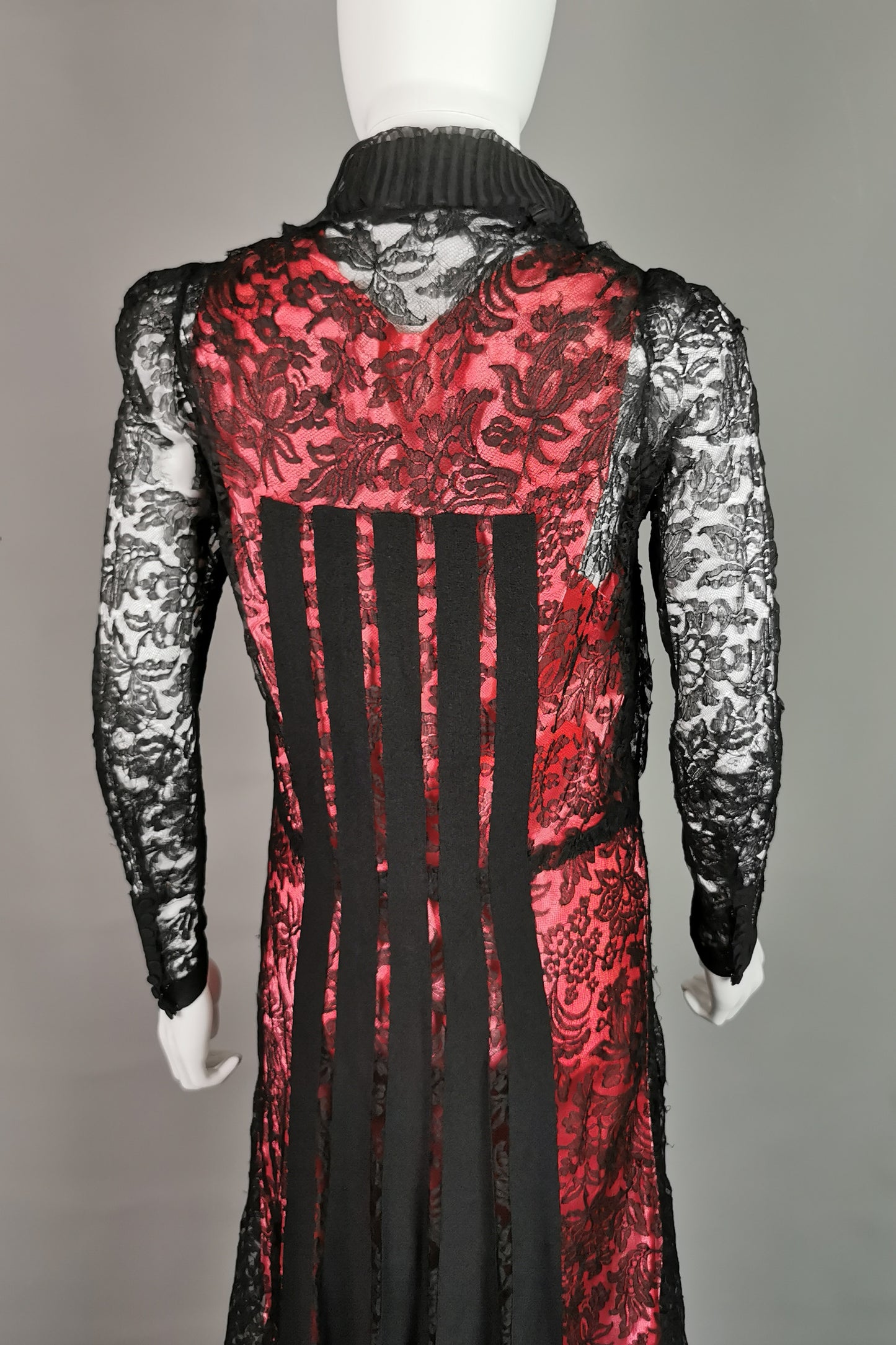 Vintage 1930s Black lace evening dress, Salmon pink slip