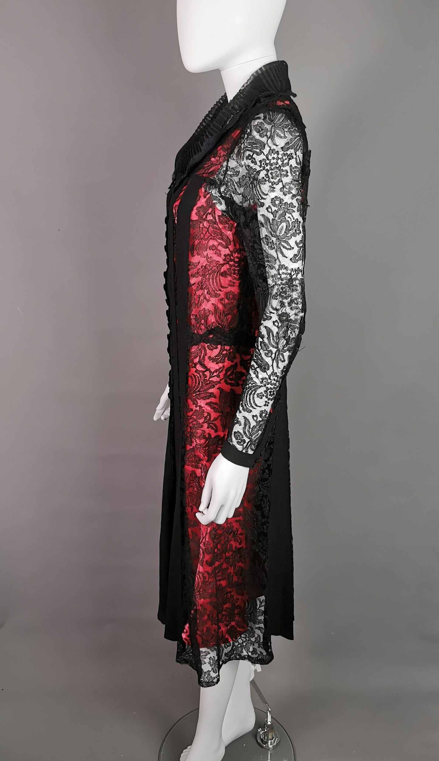 Vintage 1930s Black lace evening dress, Salmon pink slip