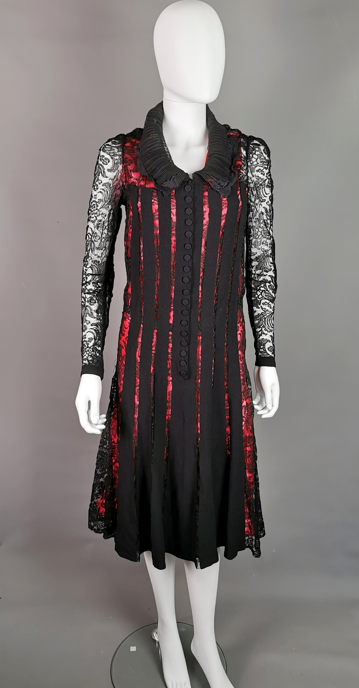 Vintage 1930s Black lace evening dress, Salmon pink slip