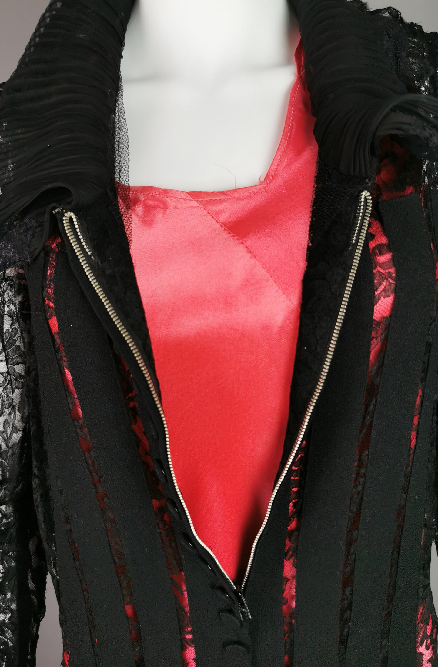 Vintage 1930s Black lace evening dress, Salmon pink slip