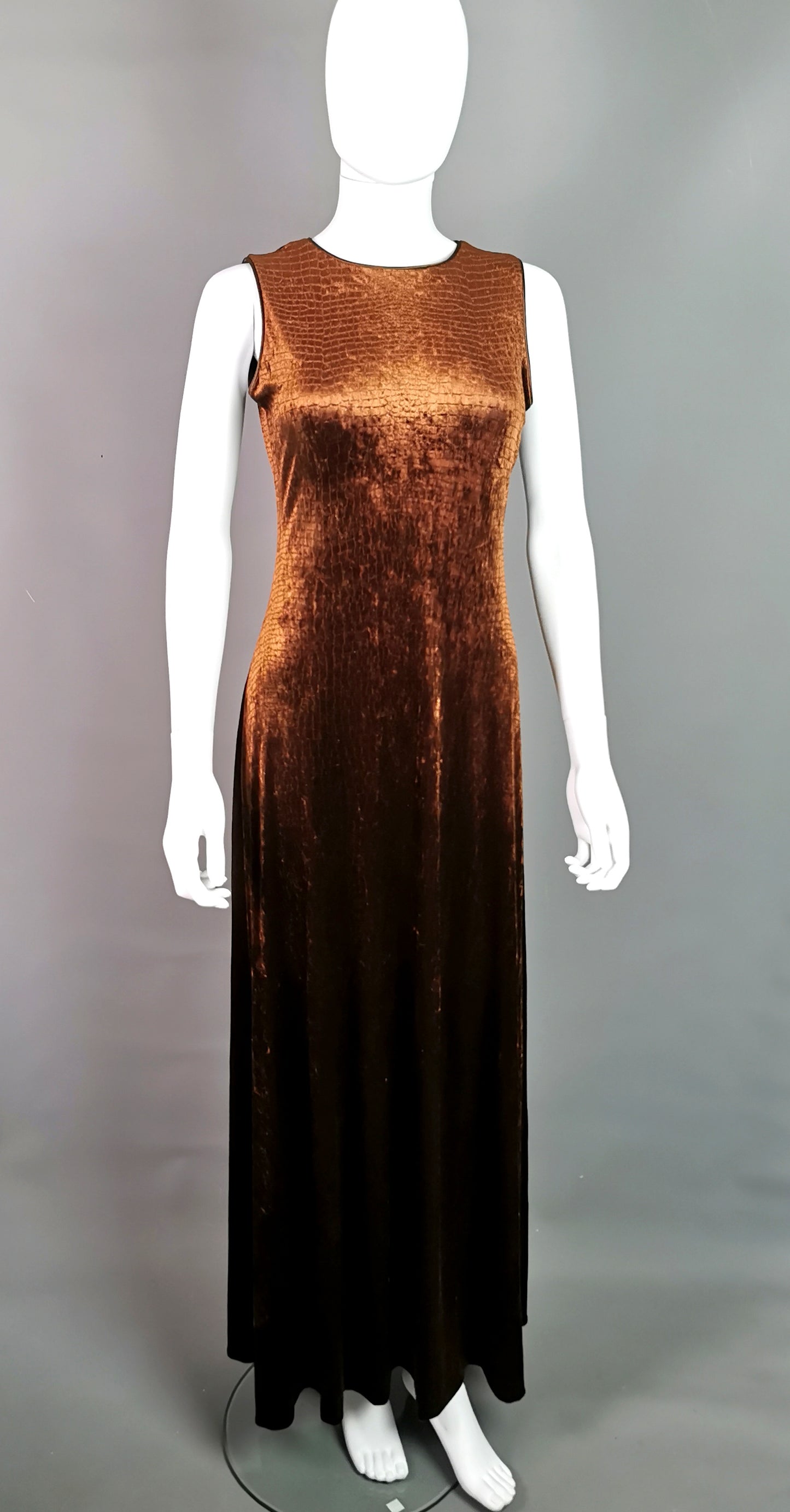 Vintage Animal print brown velvet maxi dress, Huey Waltzer for Neiman Marcus