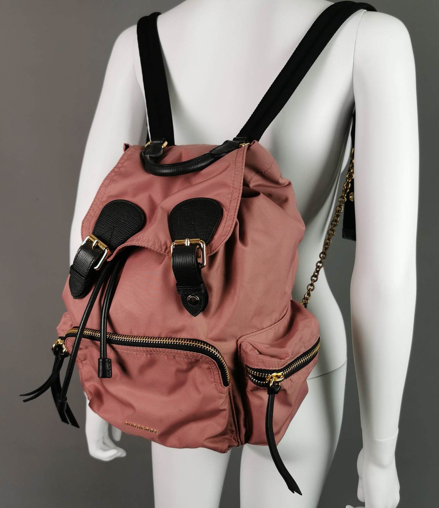 Burberry The Rucksack, pink nylon backpack, Gold tone hardware