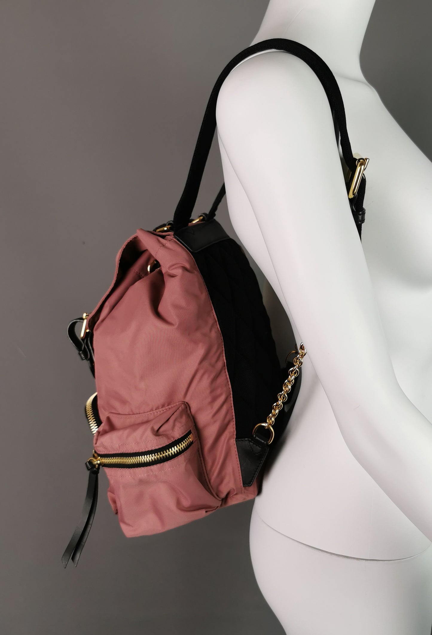 Burberry The Rucksack, pink nylon backpack, Gold tone hardware