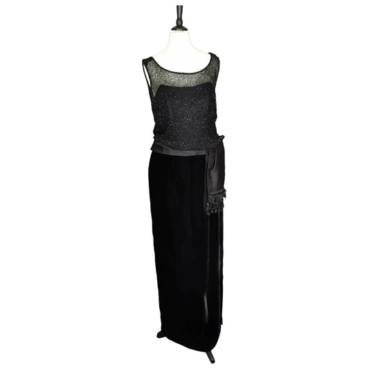 Vintage Jean Allen cocktail dress, Black velvet, beadwork, c1970s